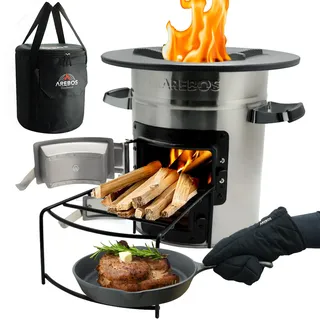 Arebos Raketenofen | Grillpfanne aus Gusseisen | Tragetasche & Handschuhe | Dutch Oven BBQ | tragbarer Campingkocher Holzofen | Outdoor-Küche | Rocket Stove | Campinggrill Silber