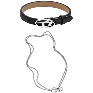 Diesel Herren Stackables Schwarzes Lederarmband und Silber-Ton Edelstahl Halskette, Set