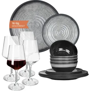 Melamin Camping Geschirr Set 4 Personen Stone Grey + 4 Milano Rotwein Gläser Rot Weingläser Tafelgeschirr Picknick BBQ Kochgeschirr - Grau, Rot