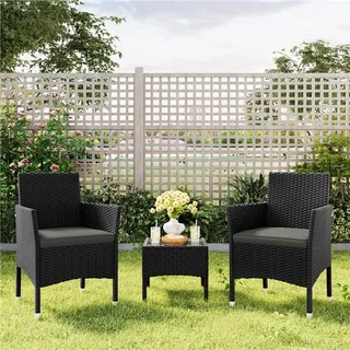 Yaheetech 2er Set Gartenstuhl aus Polyrattan, inkl. Sitz- & Rückenpolster, Gartenmöbel Set mit 2 Sessel, wasserabweisend & waschbar, Schwarz & Grau - Schwarz, Grau