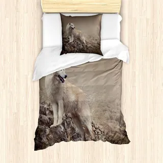 ABAKUHAUS Tier Bettbezug Set, Weißer Wolf auf Felsen am Nachtdunst-nebelhaften Wetter-Tier-Natur-Landschafts-Druck, 135 x 200 cm + 80 x 80 cm, Warm Taupe