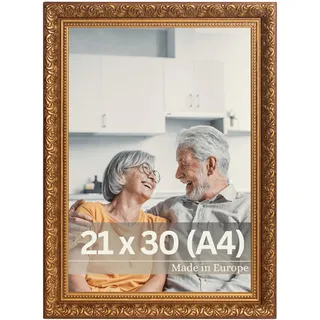 VictoR Vintage Bilderrahmen „Rubens“ in 21x30 cm (A4) Braun Gold - Leiste: 30x20mm - Echtglas - Fotorahmen Barock - Antik - Bilderrahmen 20x30 Vintage - Fotorahmen A4