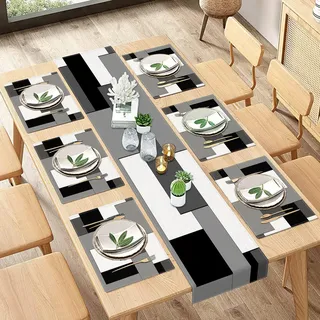 ArtSocket Geometrischer Tischläufer und Tischsets, 6 Stück, Weiß, Schwarz, Grau, abstrakte Malerei, Kunst, Esstisch, Dekoration für den täglichen Gebrauch (1 Tischläufer, 182,9 cm lang und 6 Tischsets)