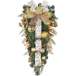 Hollyone Weihnachten Tropfen Girlande 70cm Weihnachtsdeko Teardrop Swag Gold mit Weihnachtskugeln Beeren Glitzerblätter und Schleife Weihnachtstropfen Hängende Ornamente für Haustür Wand Kamin Deko