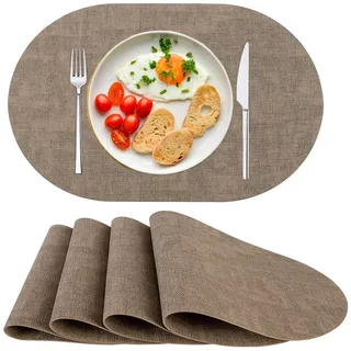 Tischsets Platzsets Abwaschbar Platzset Oval PU Leder Platzdeckchen 4er Set | Rutschfest Hitzebeständig Platmats für Esstisch Küche Braun