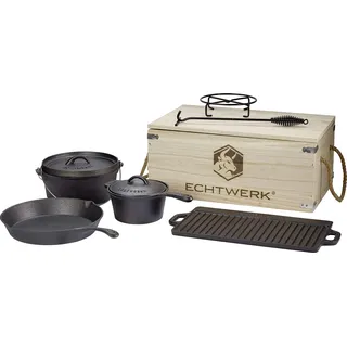 Echtwerk Dutch Oven Set aus Gusseisen in Holzkiste, Kochtopf-Set mit Kochtopf, Stieltopf, Grillplatte, Pfanne, Deckelheber und Untersetzer zum Kochen und Braten, bereits eingebrannt