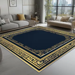 Blau Gold Waschbarer Wohnzimmerteppich 100x150 cm, Mystisch Griechische Runen Rahmen muster Niedriger Flor Teppich - rutschfest Weiche Groß Teppiche für Schlafzimmer Büro Esszimmer und Kinderzimmer