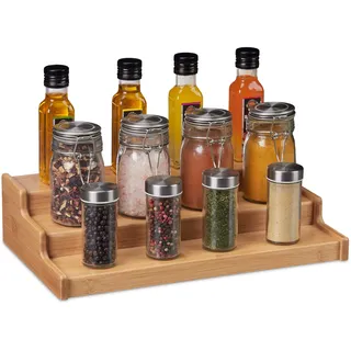 Relaxdays Gewürzregal Bambus, Gewürze, Kräuter, 3 Etagen, stehende Gewürztreppe für Arbeitsplatte, HBT 9x38x22 cm, natur, 1 Stück, Braun