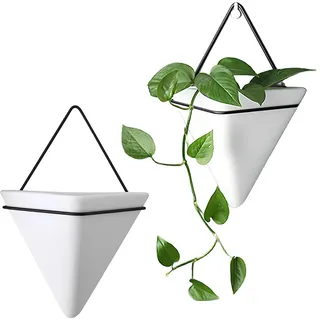 2PCS Hängender Blumentopf, Blumentopf Wanddeko, Wandvase Keramik Weiß, Wandpflanzgefäß mit Drei Ecken, Hängende Pflanzgefäße aus Keramik, Dreieckiger Wandpflanzer, Geometrische Wandpflanzgefäße