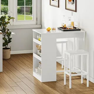 YITAHOME Bartisch mit Barhocker Set, Bartisch 3 Teilig, Esstisch mit 2 Hocker 3 Ablagen, Barhocker mit Metallrahmen, Essgruppe für 2 Personen, Frühstückstisch Möbelsets für Zuhause, Küche (Weiß)