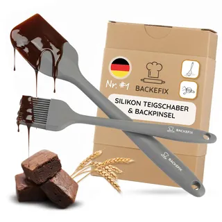 Backefix Silikon Teigschaber 28cm & 22cm Backpinsel Silikon Backutensilien Set | Teigspachtel & Küchenpinsel mit Edelstahlkern zum Kochen, Backen & Grillen | wertig, BPA-frei, lebensmittelecht, grau