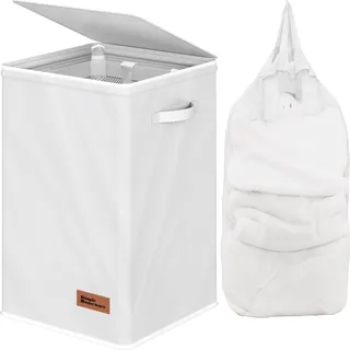 Simple Houseware Faltbarer Wäschekorb mit Deckel, Weiß | Strapazierfähiges 600D-Polyester, wasserabweisende Oberfläche