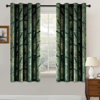 MIULEE Samt Vorhänge Mit Goldfolie Blätter Muster, 2 Stück Dunkelgrün Gardinen Mit Ösen, 145 CM Hoch, Superweich Blickdicht für Deko Wohnzimmer Schlafzimmer, Schöne Vorhang