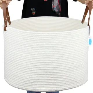 Casaphoria XXXL großer Baumwollseilkorb für Wohnzimmer – gewebter Aufbewahrungskorb mit langem Griff für Decken, Handtücher und Kissen, Wäschekorb | Beige 50,8 x 50,8 x 33 cm)