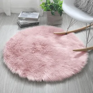 HARESLE Rosa Rund Kunstfell Teppich 100cm Waschbar Teppiche für Wohnzimmer | Flauschig, Kunstfell, Hochflor 6 cm, Kunstwildleder, Rutschfeste, für Schlafzimmer, Kinderzimmer, Babyzimmer