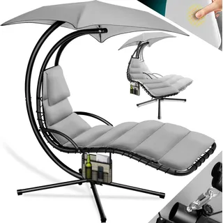 KESSER® Schwebeliege mit Sonnenschirm, Hängeliege , Sonnenliege H200, L194, B100 cm, Relaxliege, Schaukelliege Hängematte , bis 120 kg belastbar , Schaukelliege, Auflagen - Nackenkissen - Grau