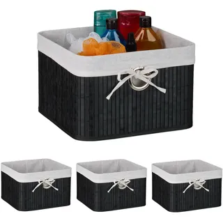 Relaxdays Aufbewahrungskorb 4er Set, Bambus, mit Stoffeinsatz, HBT: 20x31x31 cm, Körbchen mit Griffloch, Regalkorb, schwarz