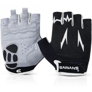 SAWANS Fahrradhandschuhe, Halbfinger, Mountainbike-Handschuhe, stoßdämpfend, gepolstert, atmungsaktiv, MTB-Fahrradhandschuhe, Sporthandschuhe für Herren und Damen, Schwarz, S