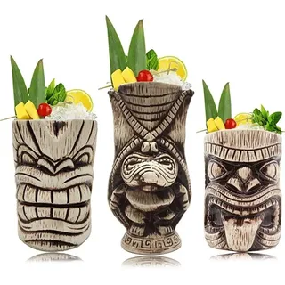 Tiki Tassen-Set – große Keramik-Tiki-Becher, Cocktailbecher für Mai Tai, Punch, Pina Colada und tropische Bargetränke (Tikiset)