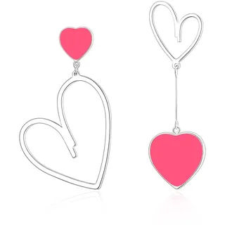 EVER FAITH Asymmetrische Ohrringe Herz Tropfen Ohrstecker mismatched earring Hot Pink Silber-Ton