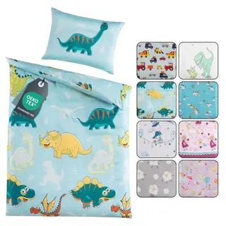 BaSaTex Kinder Baby Bettwäsche Set für Mädchen und Jungen | 100x135 cm + 40x60 cm | 100% Polyester Mikrofaser | Reißverschluss | Dinos - Drachen | blau/weiß