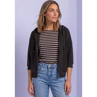 Sweatjacke STREET ONE, Damen, Gr. 34, schwarz (schwarz coffee), Sweatware, Obermaterial: 46% Modal, 46% Polyester, 8% Elasthan, unifarben, bequem hüftbedeckend, Rundhals, Bündchen, Sweatjacken Sweatjacke, 3/4-Arm Jacke im Silk-Look mit Rippdetails, Topseller