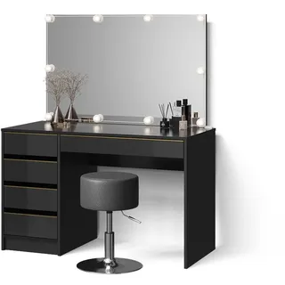 livinity Schminktisch Imola Schwarz/Gold mit LED Beleuchtung und Hocker,