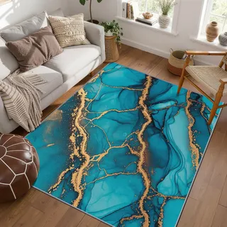 PaxGloz Teppich Türkis Gold - Teppiche Wohnzimmer Schlafzimmer Petrol Blau, Großer Teppich Modern Abstrakt, Weich Kurzflor & Waschbar & rutschfest Wohnzimmerteppich, Bettvorleger 120x180 cm