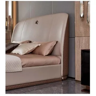 Bett Beige Leder Holz Schlafzimmer Lederbett Modern Design Möbel Luxus Doppel - Beige