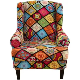 Highdi 2 Teilig Ohrensessel Überzug, Sessel-Überwürfe Ohrensessel Schonbezüge Bezug Sesselhusse Elastisch Stretch Tiger Stuhlbezug mit Armlehne Hohe Rückenlehne Universal (Mandala)
