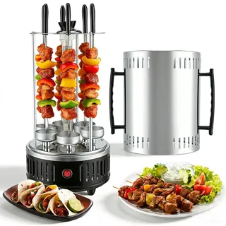 Elektrischer Schaschlikgrill für Balkon und Zuhause,1000W Vertikalgrill mit 12 Spießen & 2 Heizröhren, 500°C, 360° Rotation, Rauchfrei, Ideal als BBQ Tischgrill oder Dönerspieß-Grill, Zuhause, Balkon