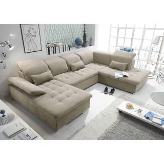 Stella Trading WAYNE Wohnlandschaft in U-Form, Stoffbezug Sand - Ausziehbares Sofa mit Schlaffunktion & Bettkasten - 340 x 81 (104) x 188 (240) cm (B/H/T)