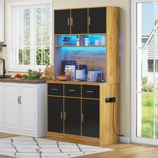 Flieks Küche Hochschrank Küchenbuffet mit Ladefunktion (Steckdosen&USB), Küchenschrank Buffetschrank Buffetständer mit Led, Küchenbuffet Schrank - Schwarz