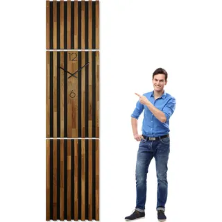 FLEXISTYLE Wanduhr groß XXL Moderne Eichenholz Aufhängepaneel Lamele 250x58cm Holz Eiche holzoptik ohne tickgeräusche modern Wohnzimmer - Braun, Schwarz