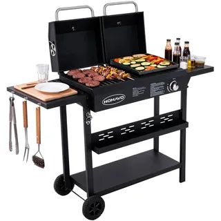 HOMAVO Gas-Holzkohle-Kombigrill, 2-in-1 Grillwagen mit Grillplatte | Holzkohle-Aroma & schnelles Gasgrillen, Gas-Grillplatte Ideal für Fleisch, Gemüse, Fisch und vieles mehr