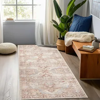 TOPICK Läufer Flur Waschbar Ziegelrot Küche Läufer Vintage Blume Orientalischer Dünner Faltbar Teppich für Brücken Schlafzimmer Wohnzimmer Tisch rutschfest Teppichläufer Flurteppich 60x300cm