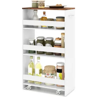 COSTWAY Nischenwagen 25cm breit, 4 Etagen Küchenwagen schmal, Nischenregal auf Rollen, Servierwagen mit Griff & Geländern, Badregal Holz, Weiß - Weiß