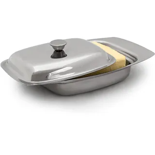 Relaxdays Butterdose mit Griff 6 x 19,5 x 13 cm HxBxT, 250 g Butter Schale mit Butterglocke in Edelstahl-Optik, silber