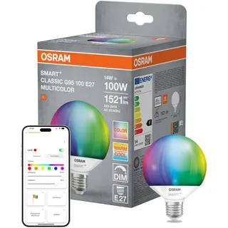 Osram Smart+ Matter LED-Lampe G95 Globeform 14W E27 dimmbar, per App - G) RGBW,