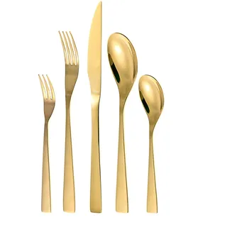 Otto Koning - Berlin - Besteck gold 6 Personen, Essbesteck Set 30 teilig, titangoldbeschichtetem und hochglanzpoliertem Edelstahl, Dicke 4 mm und Steakmesser. Ein modernes Besteck für 6 Gäste.