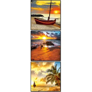 BERLIG Glasbilder Set 3er 30x30 cm Sicherheitsglas – Moderne Wandbilder für Wohnzimmer, Küche & Bad – Sonnenuntergang, Strand, Kaffee & Spa – inkl. Geschenkbox