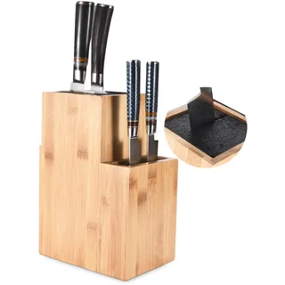 Kitchtic Bamboo 2 Etagen Leer Messerblock Natürliches Braun - Universeller Messerständer ohne Messer - Wooden Knife Holder & Organizer for Kitchen Knives - Schlitzloses Holzdesign mit Borsten