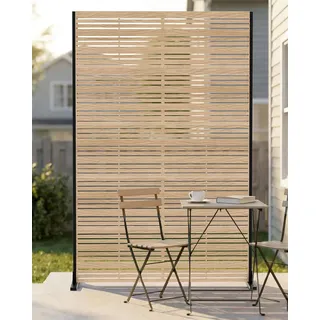 Metallprivatsschirm 183x120 cm, erhöhter Sichtschutzzaun, freistehender Balkonsichtschutz ohne Bohren, wetterfest für Innen Außen Terrasse Garten Veranda (Holzoptik)
