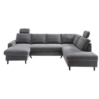 luma-home Wohnlandschaft mit Schlaffunktion Bettkasten Wellenunterfederung, 2 Kopfstützen, U-Form B305/T200/H88 cm, Cord Dunkelgrau / 17206 , Textil , Füllung: Polyurethan (Pur) , U-Form,Rechteckig , 305x88x200 cm , Wohnzimmer, Sofas & Couches, Wohnlandschaften, Wohnlandschaften in U-Form