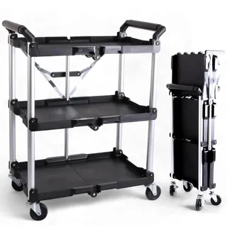 Pallit Serve Servierwagen mit Rollen - Rollwagen Metall 75 kg Klappbar | Mobiler Küchenwagen mit 3 Ebenen, 600x380 mm Ladefläche, Aluminium Transportwagen klappbar für Küche, Büro & Werkstatt