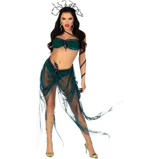 LEG AVENUE 4 PC Medusa, includes iridescent asymmetrical bra top with stuffed snake accent, skirt with built in panty and snake waist, arm wrap, and wired glitter snake headband