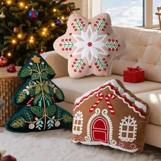 Lanpn 3 Stück Weihnachts Kissen, Weihnachtskissen Flauschiges Zierkissen Weihnachtsbaum Lebkuchenhaus Schneeflocke Dekokissen für Geschenk Party Sofa Bett Weihnachten Deko