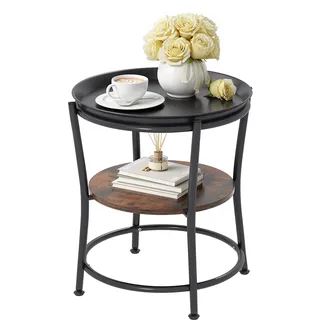 YITAHOME Runder Beistelltisch mit zweistöckigem Stauraum & abnehmbarem Tablett, Beistelltisch für Wohnzimmer, Schlafzimmer, oder Wohnung, Stabiler Couchtisch, verstellbare Füße, rustikales Braun