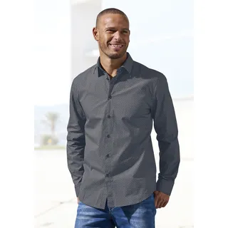 Langarmhemd H.I.S "Regular fit", Herren, Gr. XXXL (47/48), N-Gr, anthrazit, bedruckt, Web, Obermaterial: 100% Baumwolle, gemustert, regular fit normal, Rundhals, 2-Knopf-Manschette, Hemden Langarmhemd, mit Haifischkragen und allover Print aus reiner Baumwolle, Topseller