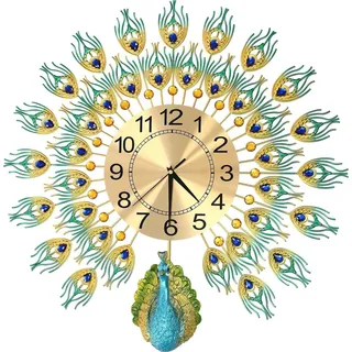 Moderne Luxus Pfau Wanduhr - Große Spiegel Wanduhr - Lautloses Quarzwerk - 60 cm Wanddekoration für Wohnzimmer Schlafzimmer - Bunt